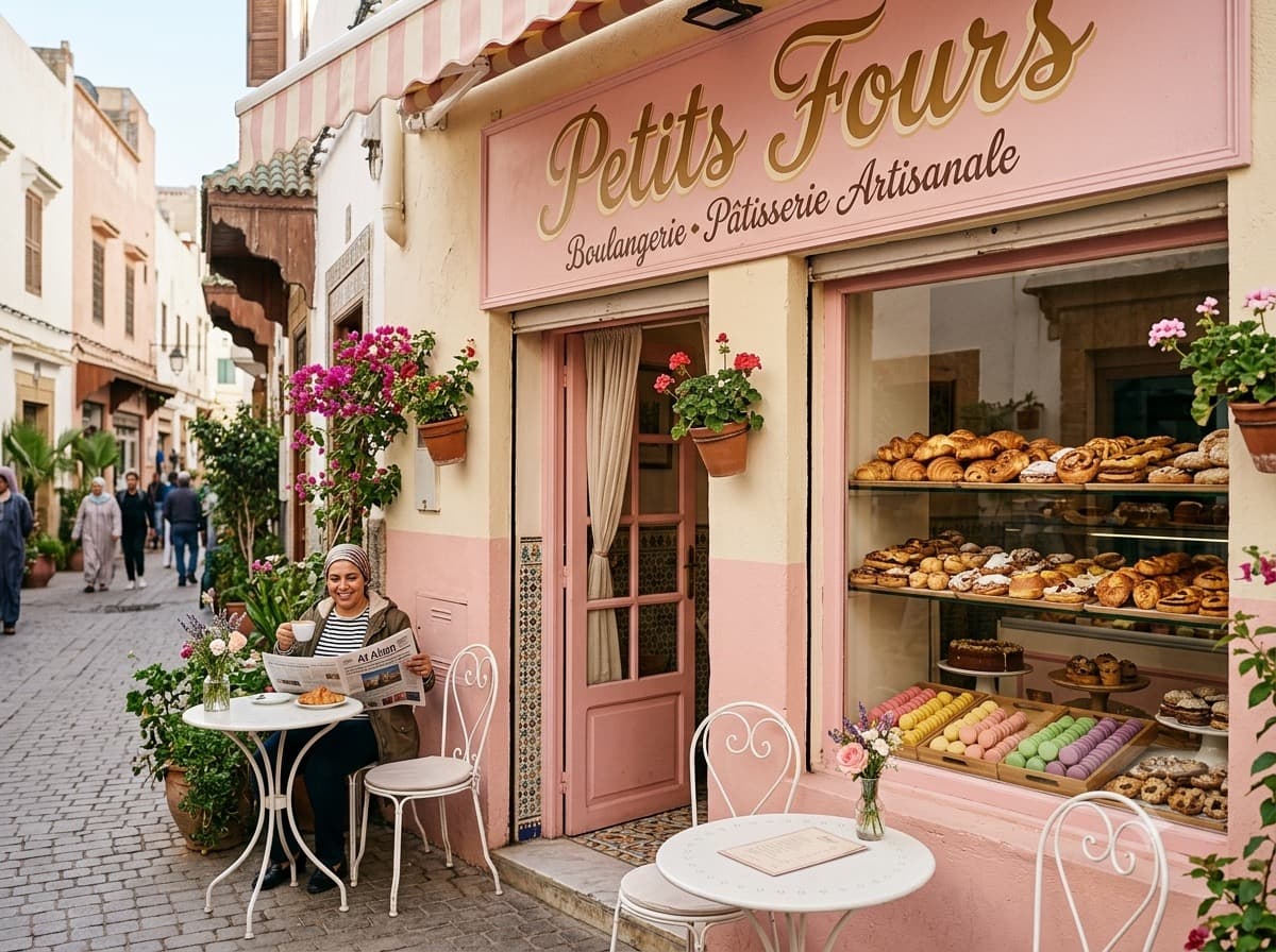 La devanture rose pastel de Petits Fours à Agdal, terrasse et vitrine de viennoiseries