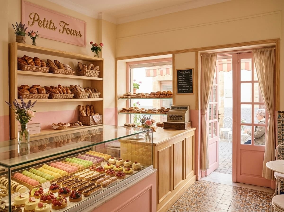 L'intérieur de Petits Fours : vitrine de macarons colorés, éclairs et pâtisseries